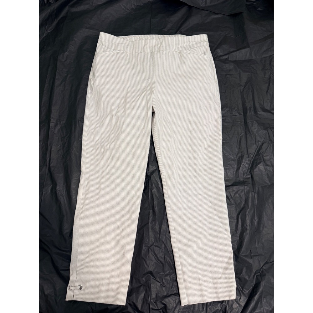 Chicos Perfect Stretch Pinstripe Pull On Pants Tan White Size 2.5 XL Cropped